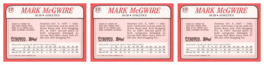 (3) 1988 Topps Revco League Leaders Baseball #17 Mark McGwire Lot Athletics