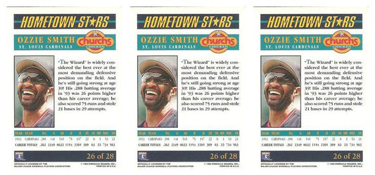 (3) 1994 Pinnacle Church's Hometown Stars #26 Ozzie Smith Lot Cardinals