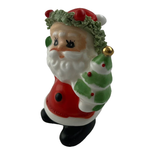 Santa Clause Holding Christmas Tree 2 Inch Vintage Ceramic Figurine