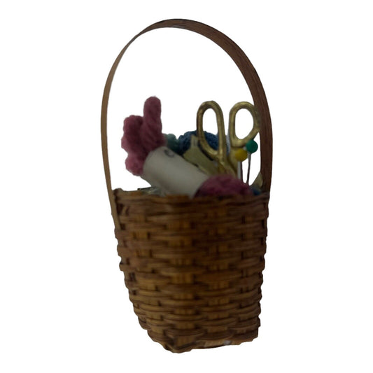 Decorative Miniature Craft Wicker 2.5 Inch Basket with Yarn and Scissors