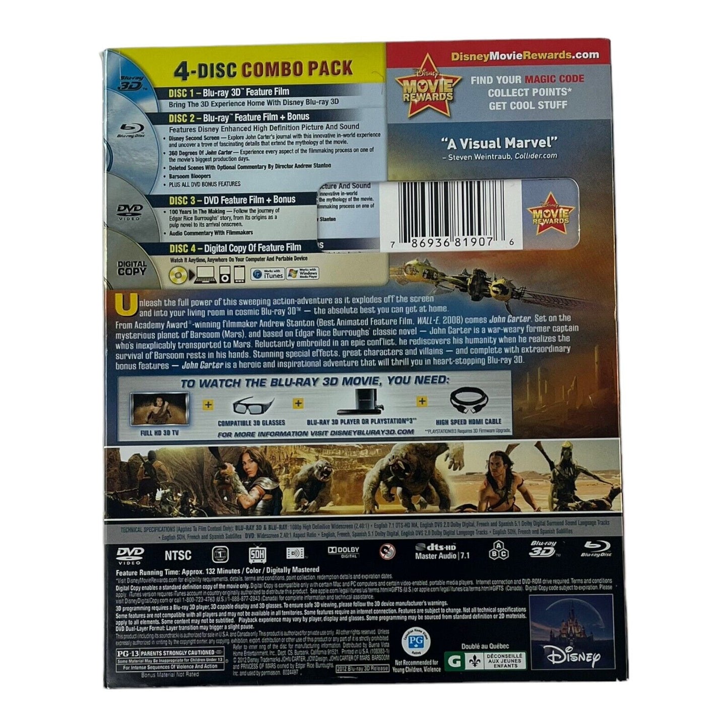 John Carter 3D Blu Ray DVD 2012 4-Disc Set Lenticular Slipcover