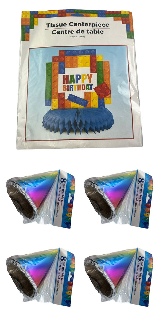 Happy Birthday Tissue Centerpiece & 32 Birthday Holographic Hat Lot