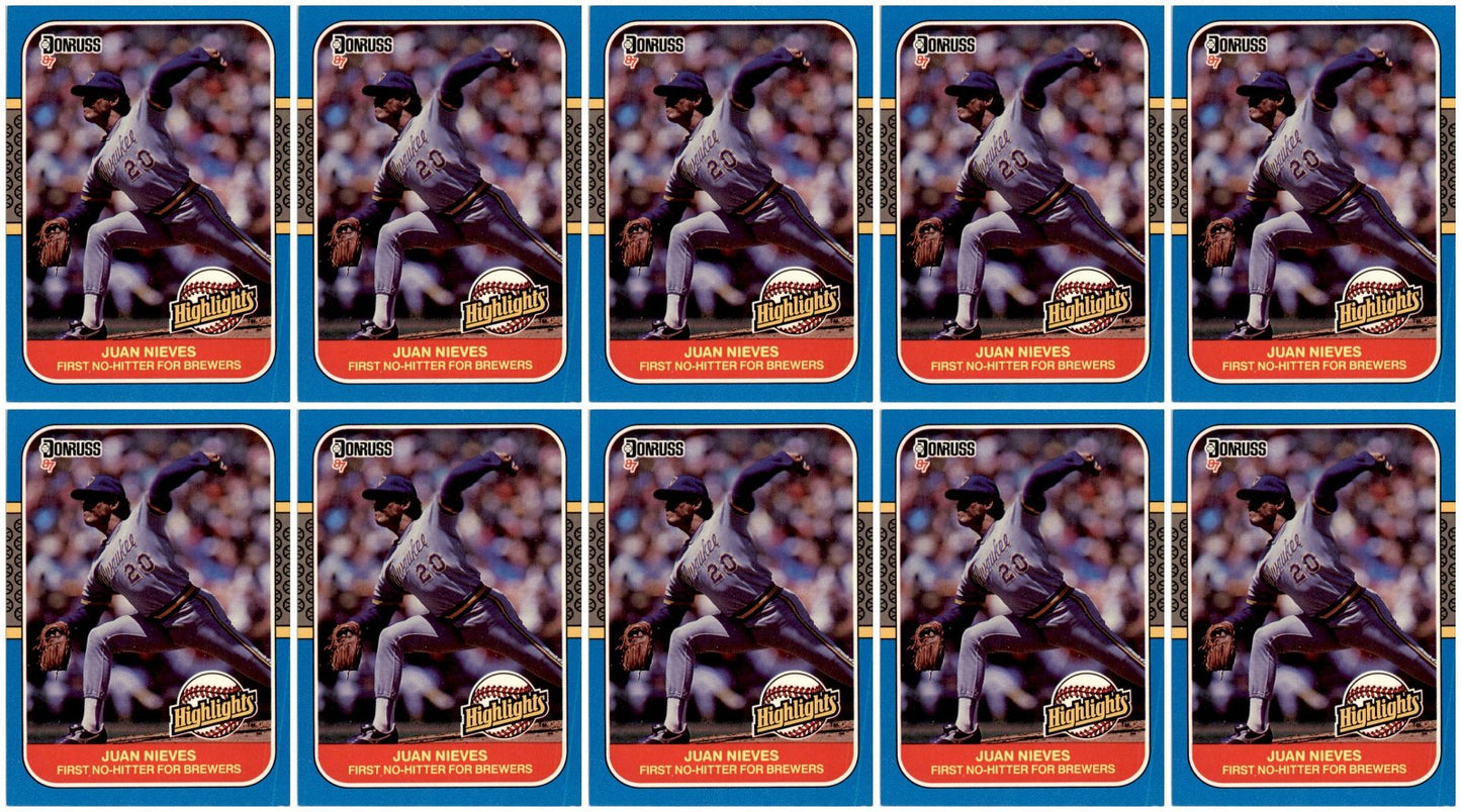 (10) 1987 Donruss Highlights #1 Juan Nieves Milwaukee Brewers Card Lot