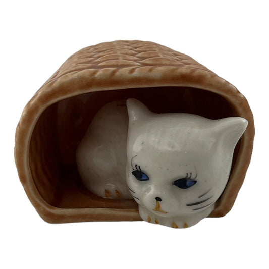 White Cat in Basket 2.25 Inch Vintage Porcelain Figurine