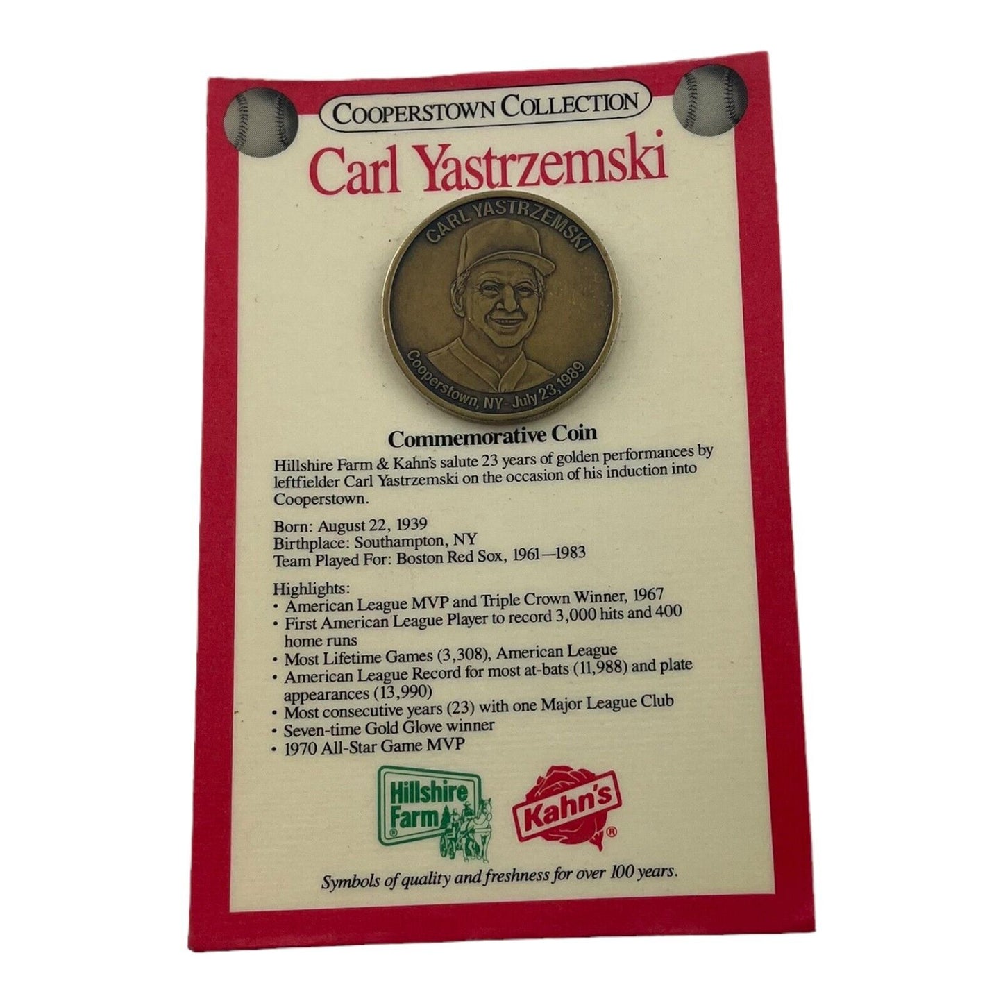 Carl Yastrzemski Commemorative Coin Cooperstown Collection Hillshire Farms 1989