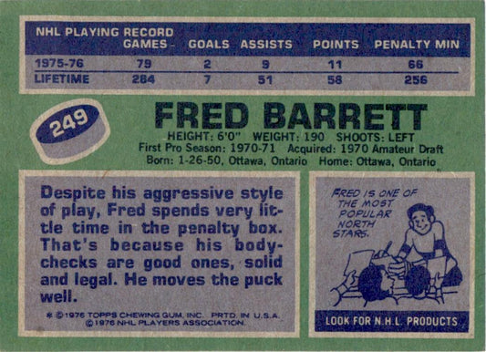 1976 Topps #249 Fred Barrett Minnesota North Stars EX-MT