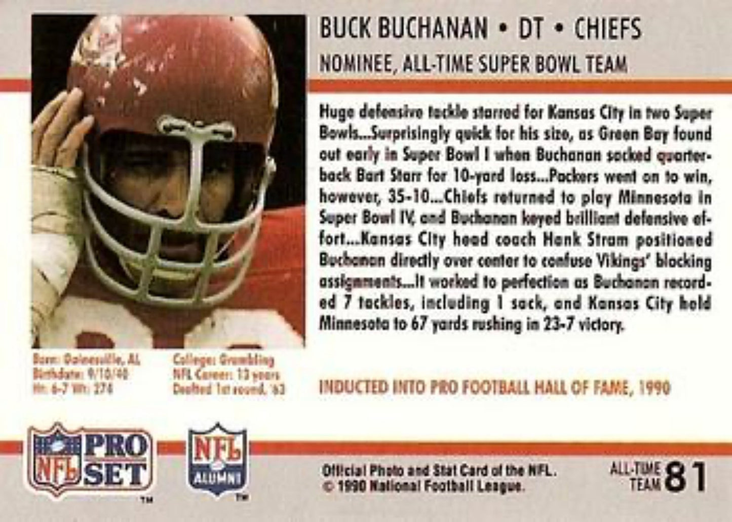 1990-91 Pro Set Super Bowl 160 Football 81 Buck Buchanan