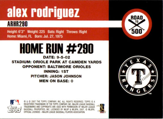 2007 Topps Alex Rodriguez Road to 500 #ARHR290 Alex Rodriguez Texas Rangers