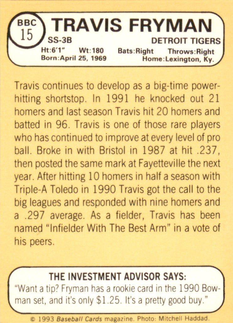 1993 Baseball Card Magazine '68 Topps Replicas # BBC15 Travis Fryman Tigers