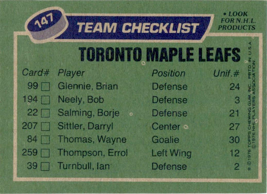 1976 Topps #147 Toronto Maple Leafs Team Checklist EX