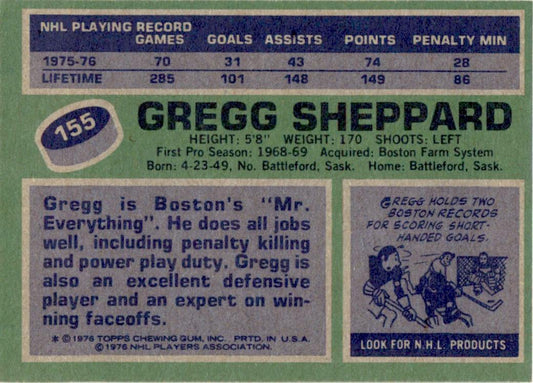 1976 Topps #155 Gregg Sheppard Boston Bruins EX-MT