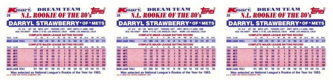 (3) 1989 Topps K-Mart Dream Team Baseball #28 Darryl Strawberry Lot Mets