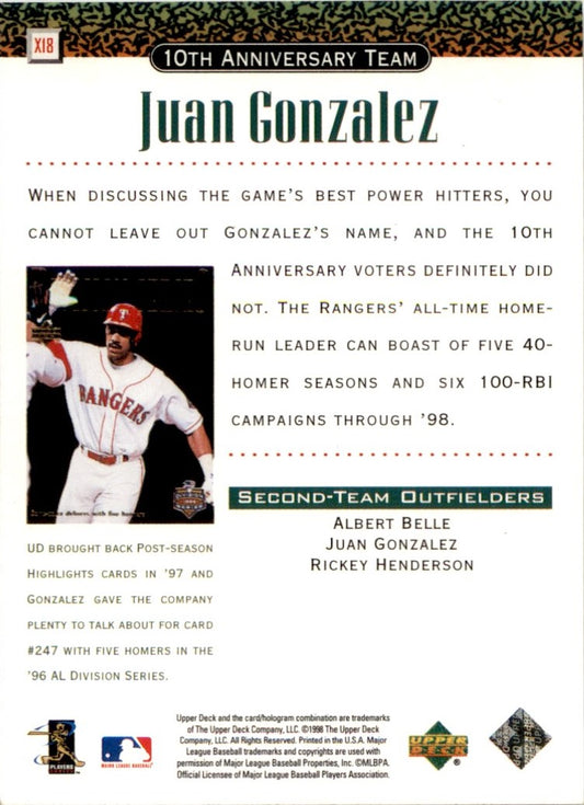1999 Upper Deck 10th Anniversary Team #X18 Juan Gonzalez Texas Rangers