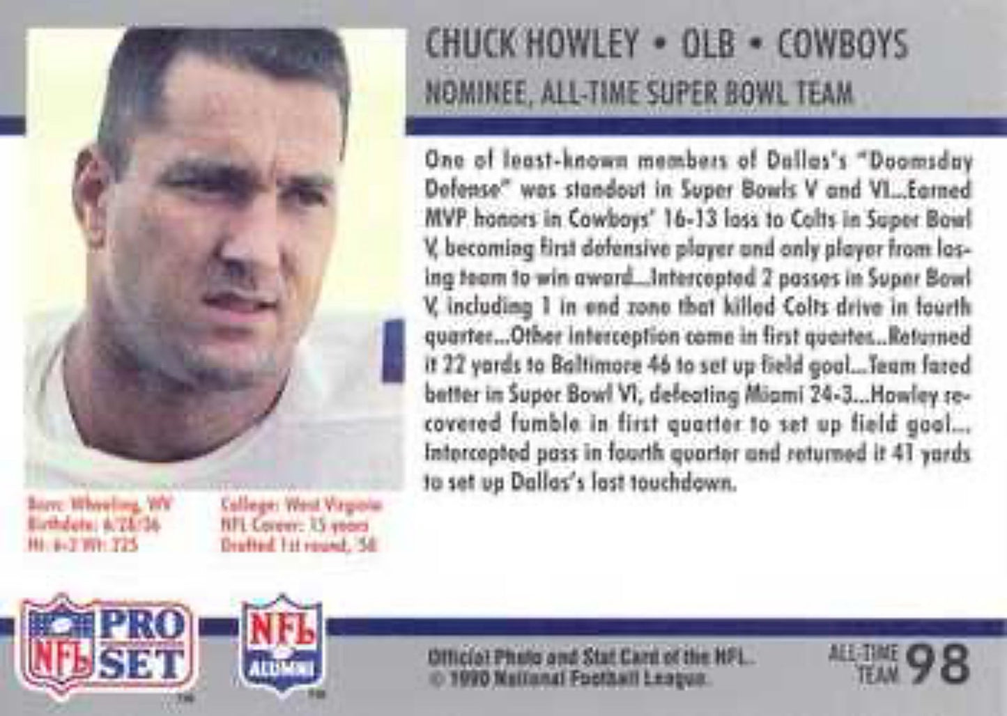 1990-91 Pro Set Super Bowl 160 Football 98 Chuck Howley