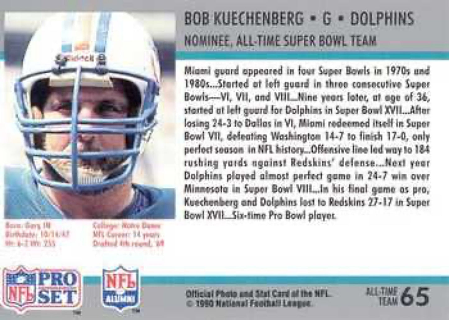 1990-91 Pro Set Super Bowl 160 Football 65 Bob Kuechenberg