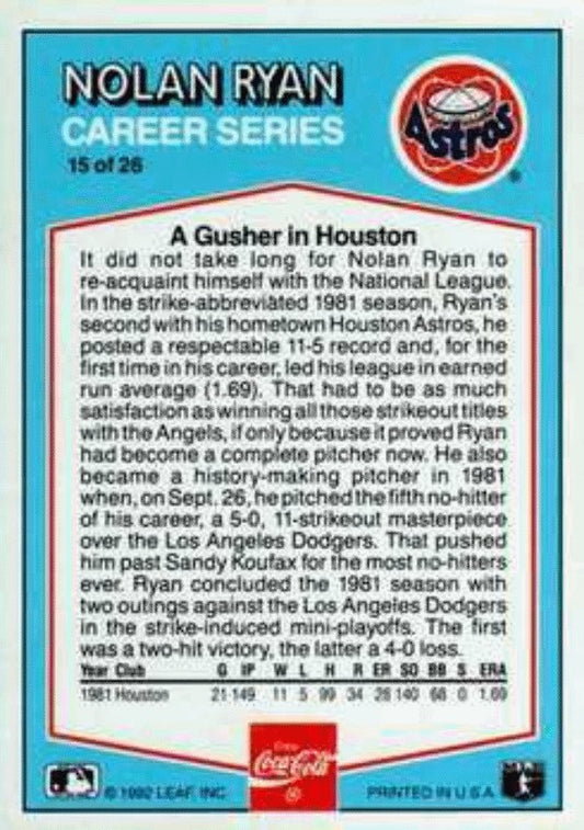 1992 Donruss Coca-Cola Nolan Ryan Baseball #15 Nolan Ryan Houston Astros