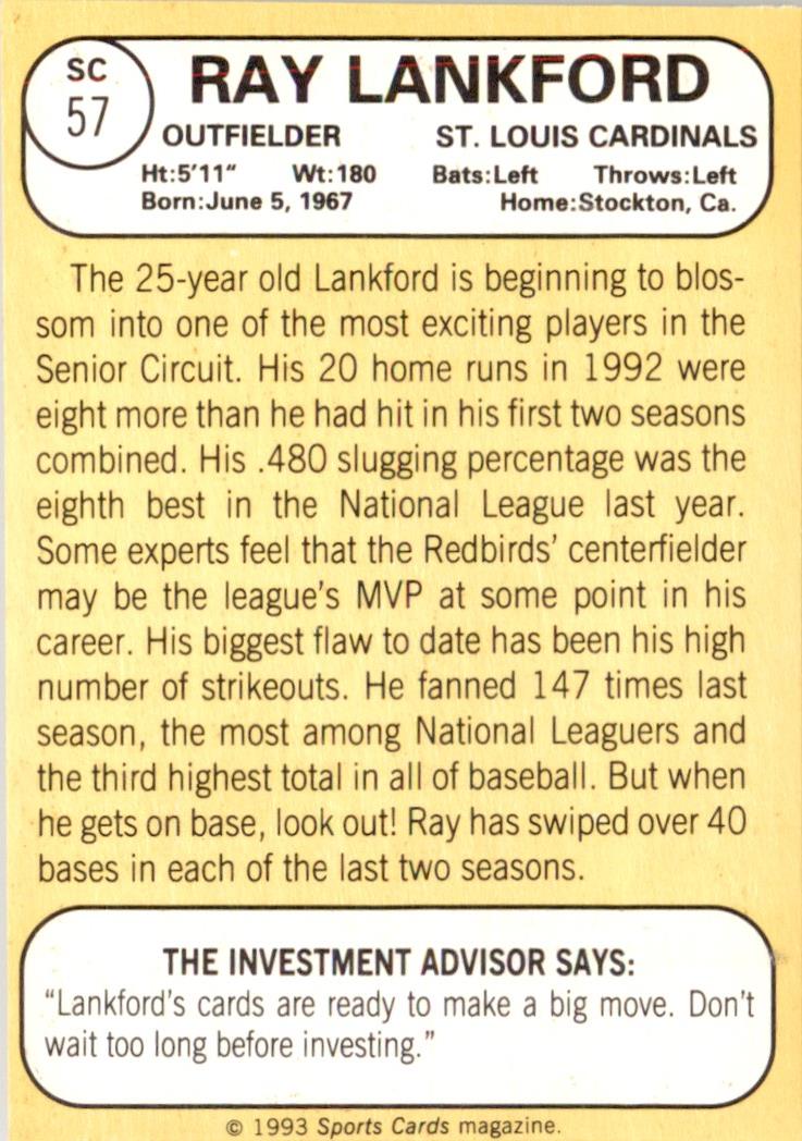 1993 Baseball Card Magazine '68 Topps Replicas #SC57 Ray Lankford Cardinals