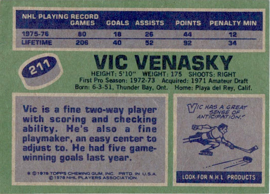 1976 Topps #211 Vic Venasky Los Angeles Kings EX-MT