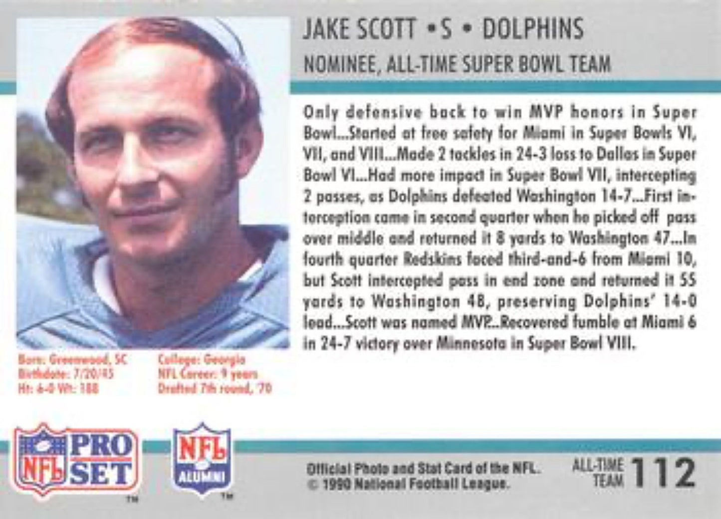 1990-91 Pro Set Super Bowl 160 Football 112 Jake Scott