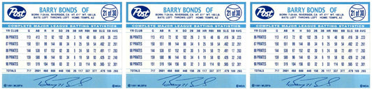 (3) 1991 Post Cereal Baseball #21 Barry Bonds Pirates Baseball Card Lot