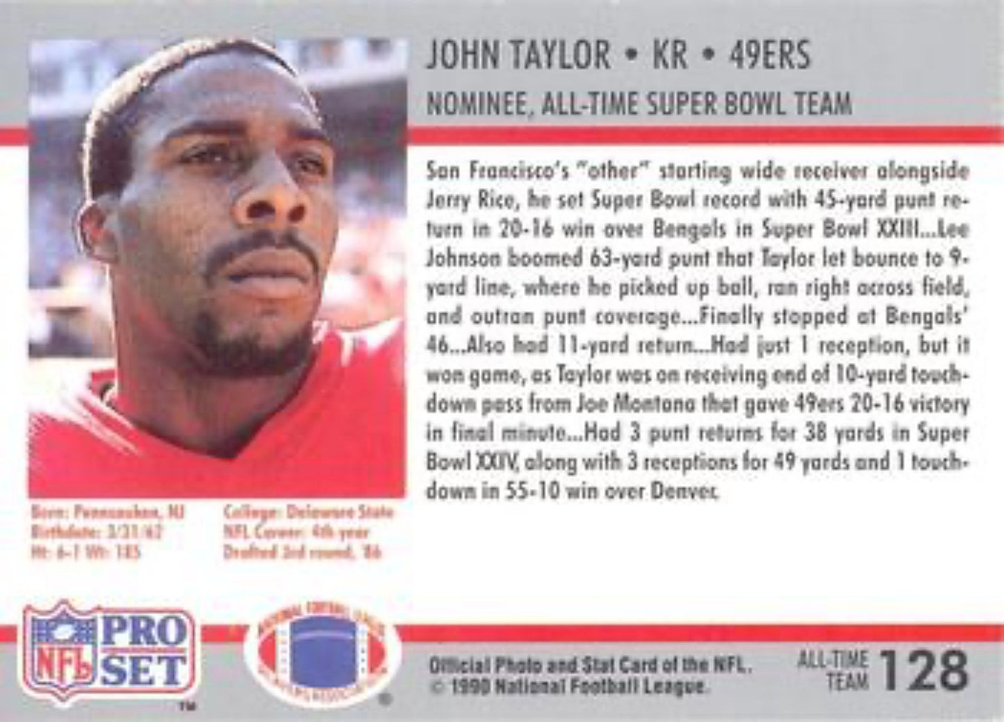 1990-91 Pro Set Super Bowl 160 Football 128 John Taylor