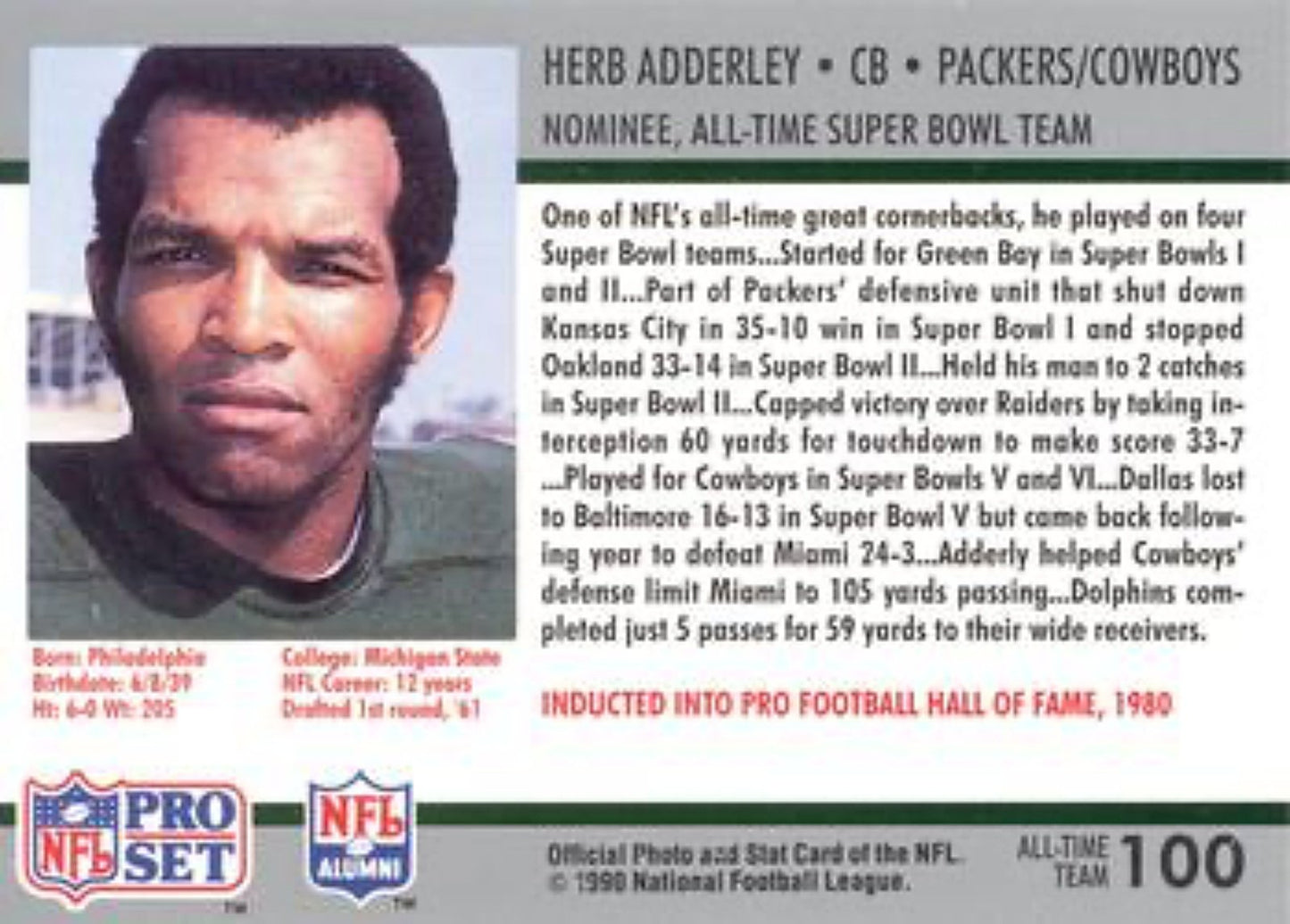 1990-91 Pro Set Super Bowl 160 Football 100 Herb Adderley