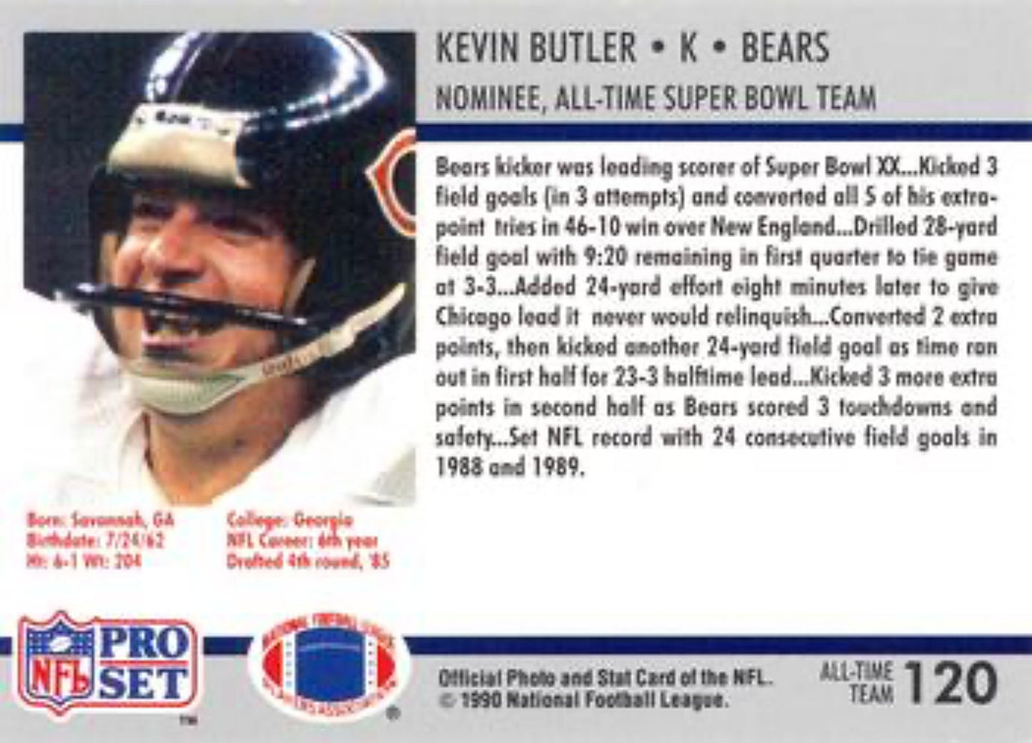 1990-91 Pro Set Super Bowl 160 Football 120 Kevin Butler