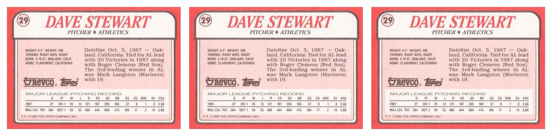 (3) 1988 Topps Revco League Leaders Baseball #29 Dave Stewart Lot Athletics