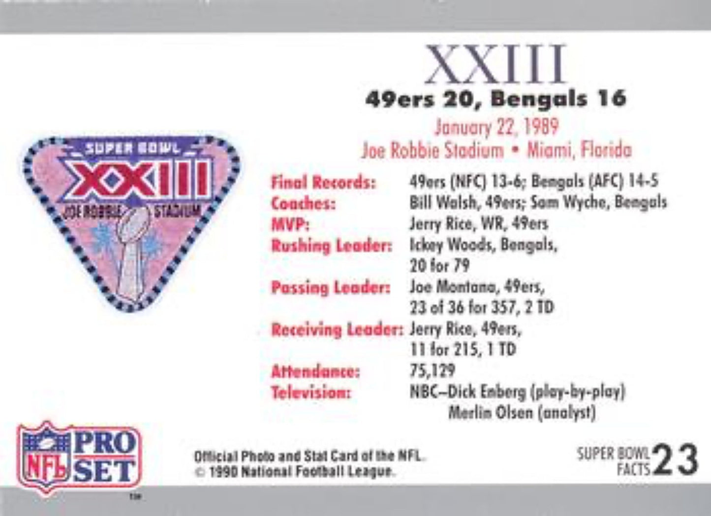1990-91 Pro Set Super Bowl 160 Football 23 SB XXIII Ticket