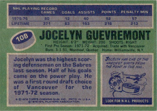 1976 Topps #108 Jocelyn Guevremont Buffalo Sabres EX