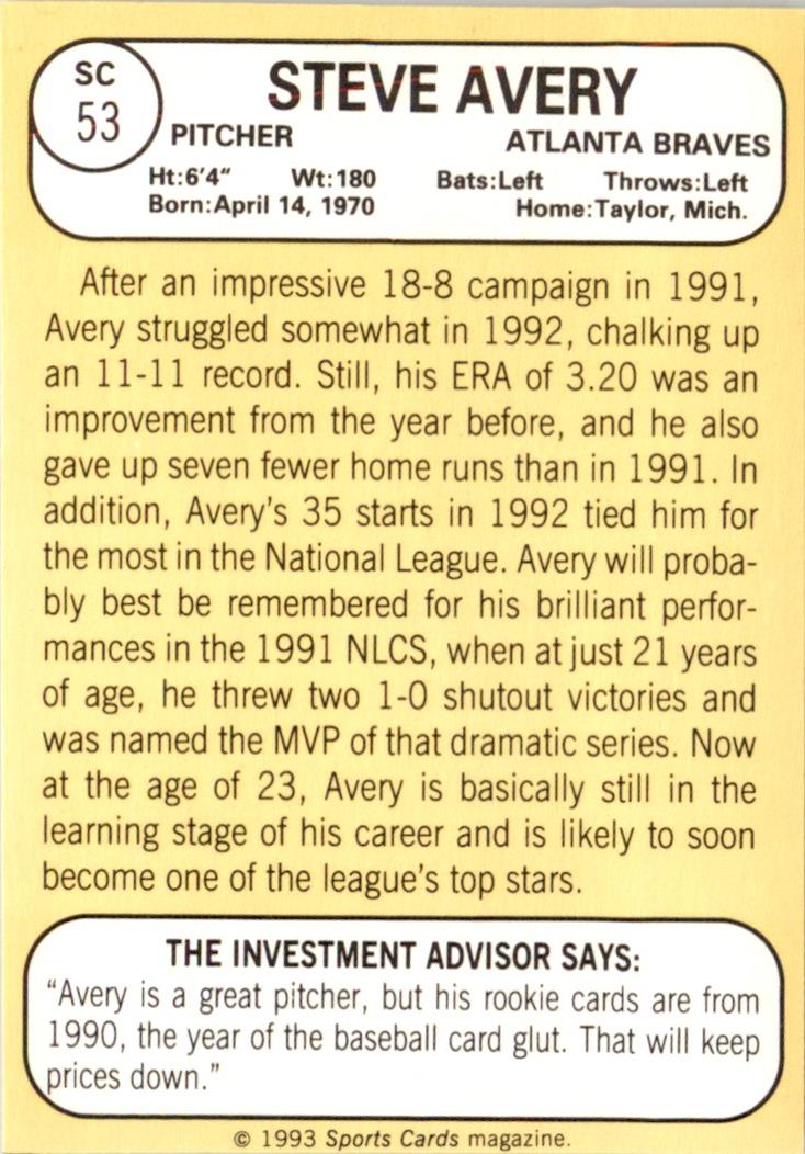 1993 Baseball Card Magazine '68 Topps Replicas #SC53 Steve Avery Braves