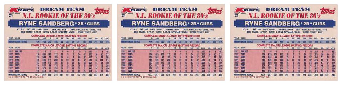 (3) 1989 Topps K-Mart Dream Team Baseball #24 Ryne Sandberg Lot Cubs