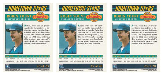 (3) 1994 Pinnacle Church's Hometown Stars #25 Robin Yount Lot Brewers