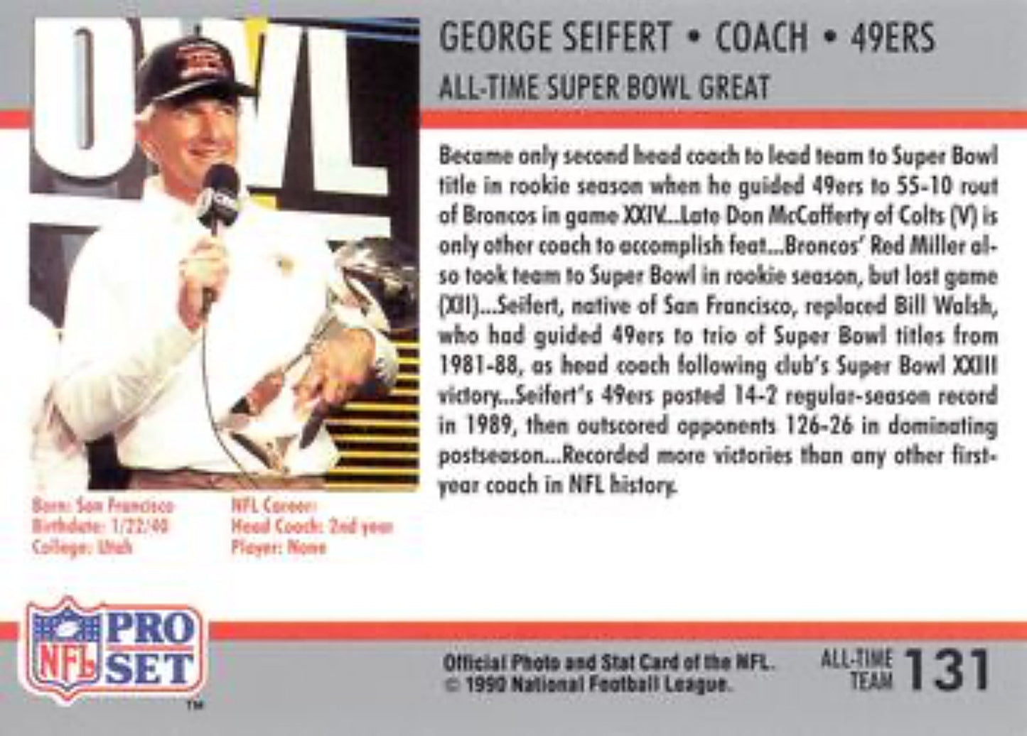1990-91 Pro Set Super Bowl 160 Football 131 George Seifert CO