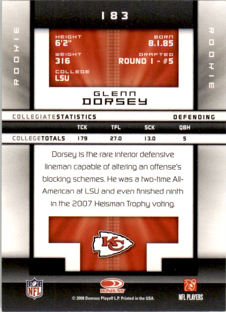 2008 Donruss Elite #183 Glenn Dorsey RC Kansas City Chiefs /999