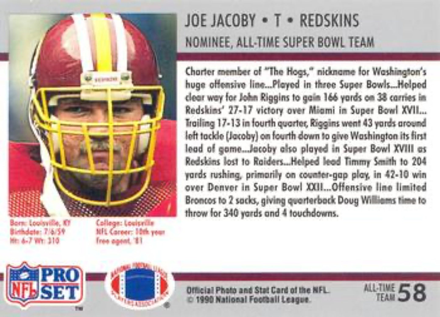 1990-91 Pro Set Super Bowl 160 Football 58 Joe Jacoby