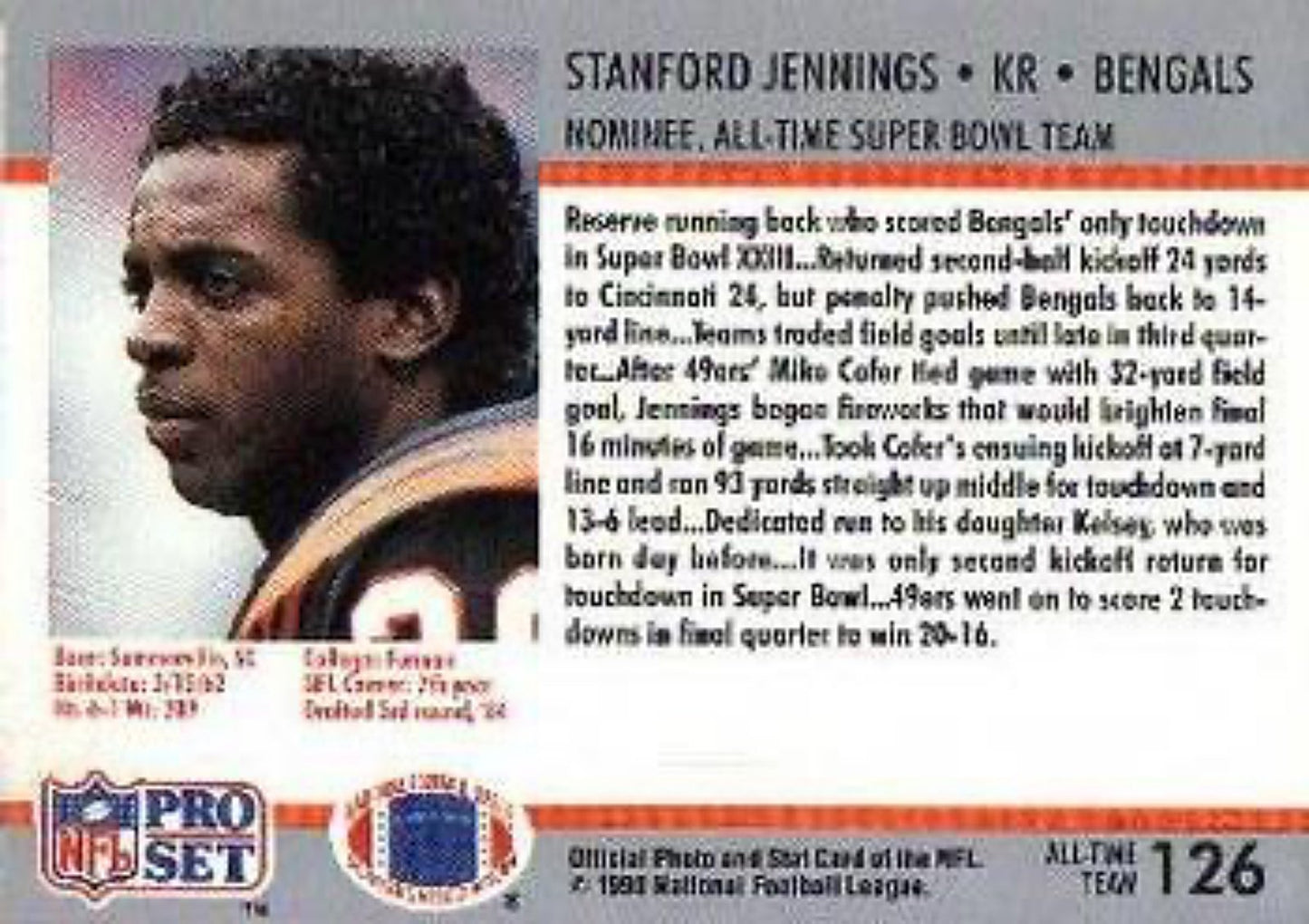 1990-91 Pro Set Super Bowl 160 Football 126 Stanford Jennings
