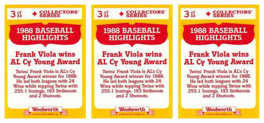 (3) 1989 Topps Woolworth Baseball Highlights #3 Frank Viola CY Lot Twins