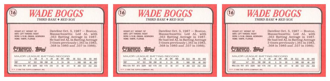 (3) 1988 Topps Revco League Leaders Baseball #16 Wade Boggs Lot Red Sox