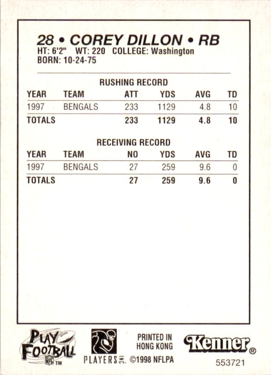 1998 Kenner Starting Lineup Card Corey Dillon Cincinnati Bengals