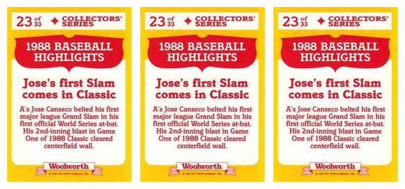 (3) 1989 Topps Woolworth Baseball Highlights #23 Jose Canseco Lot Athletics
