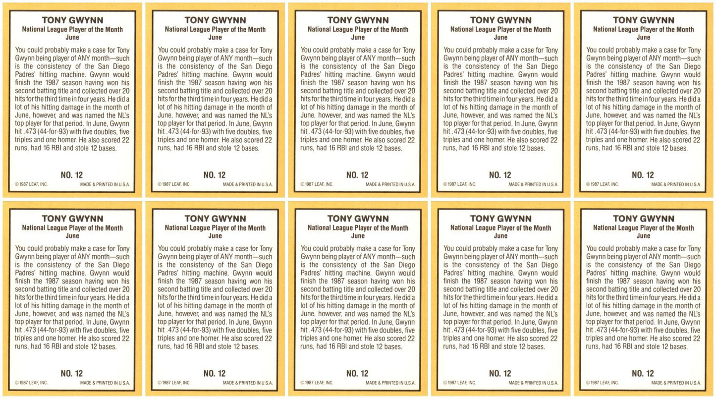(10) 1987 Donruss Highlights #12 Tony Gwynn San Diego Padres Card Lot