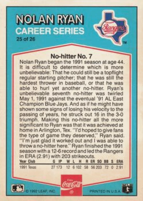 1992 Donruss Coca-Cola Nolan Ryan Baseball #25 Nolan Ryan Texas Rangers