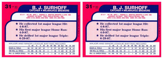 (2) 1988 Topps Toys R' Us Rookies Baseball 31 B.J. Surhoff Lot Brewers