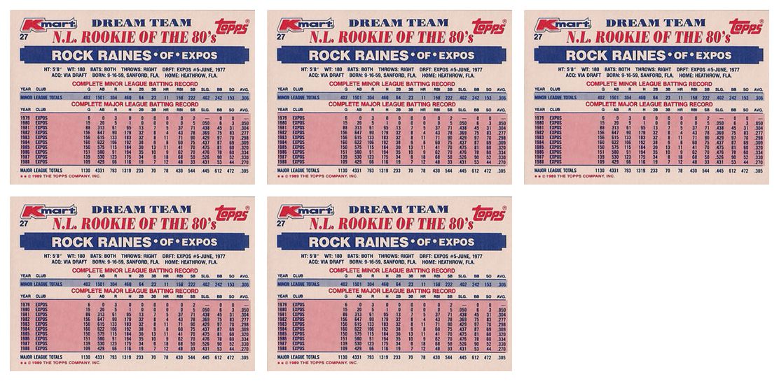 (5) 1989 Topps K-Mart Dream Team Baseball #27 Tim Raines Lot Expos