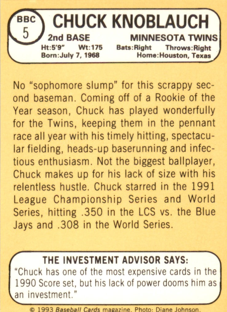1993 Baseball Card Magazine '68 Topps Replicas # BBC5 Chuck Knoblauch Twins
