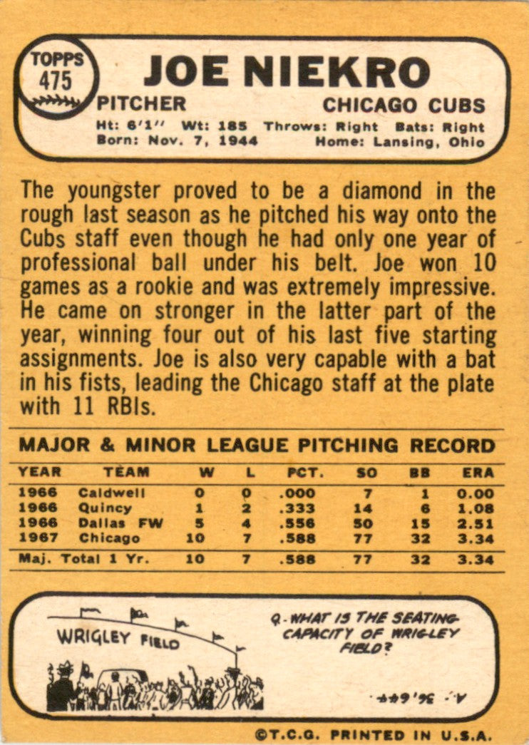 1968 Topps #475 Joe Niekro Chicago Cubs VG-EX