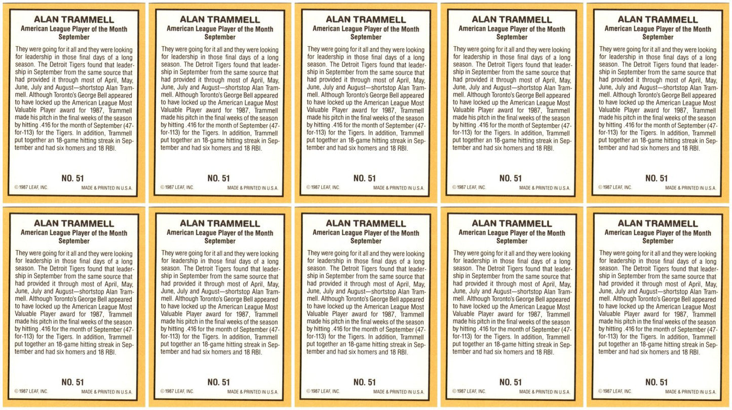 (10) 1987 Donruss Highlights #51 Alan Trammell Detroit Tigers Card Lot