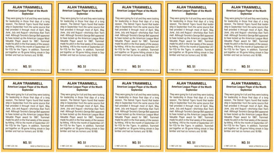 (10) 1987 Donruss Highlights #51 Alan Trammell Detroit Tigers Card Lot