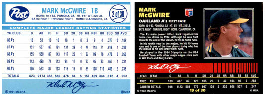 1991 & 1993 Post Cereal Baseball Mark McGwire Athletics Baseball Card Lot